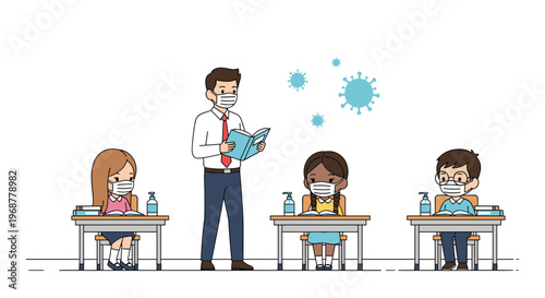 Teacher and diverse students wearing face masks in a classroom with desks and hand sanitizer to maintain safety during school.