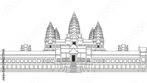 Detailed line art drawing of the angkor wat temple complex in cambodia representing ancient khmer architecture.