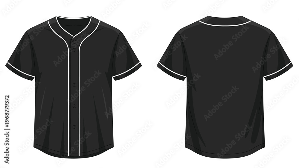 Naklejka premium Professional baseball jersey design template in solid black with white pinstripe details showing front and back.