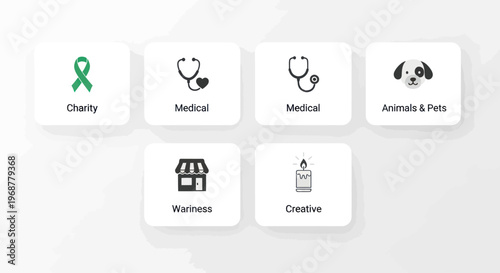 Vector Icons: Charity, Medical, Pets, Wellness, Creative, Business