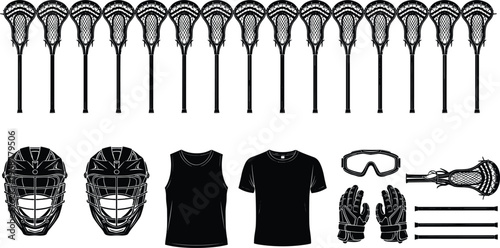 Lacrosse, equipment, set, silhouette, stick, helmet, jersey, gloves, goggles, vector, illustration, sports, gear, isolated, white, background, black, icon, team, design
