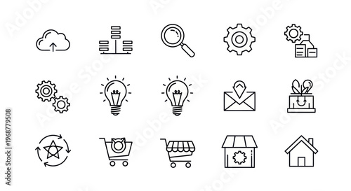 Business Icons Set: Cloud, Search, Lightbulb, Shopping Cart, Gear, Location, House