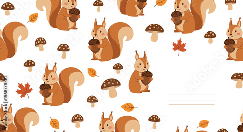 Playful autumn squirrels holding brown acorns among forest mushrooms and falling maple leaves in a cute seasonal seamless pattern.