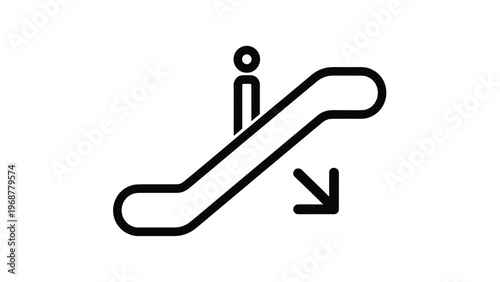 Simple escalator going down sign with a person figure and a diagonal arrow in a clean minimalist line style.