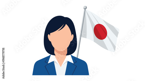 Professional woman in a blue suit standing in front of the national flag of Japan representing international business or politics.
