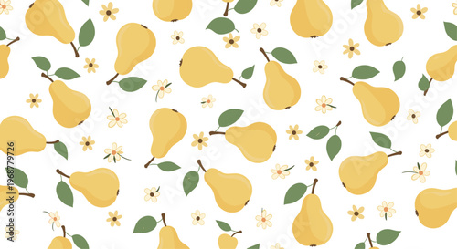 Fruit seamless pattern featuring yellow pears with green leaves and small white flowers on a clean white background.