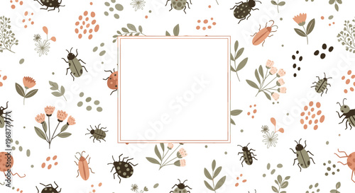 Beautiful seamless pattern with various bugs beetles and field flowers around a blank square frame for your message.