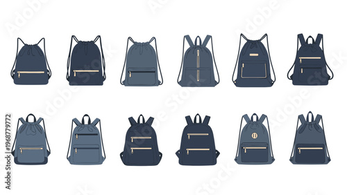 Set of twelve different styles of blue drawstring bags and backpacks isolated on a white background for school, travel, or gym.