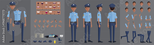 Black Police Officer Character Animation Kit Male Law Enforcement Vector Set with Turnaround, Poses, and Expressions