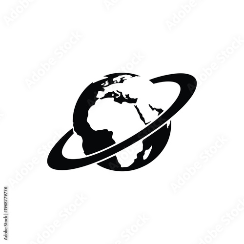Black and white globe with orbital ring encircling earth planet