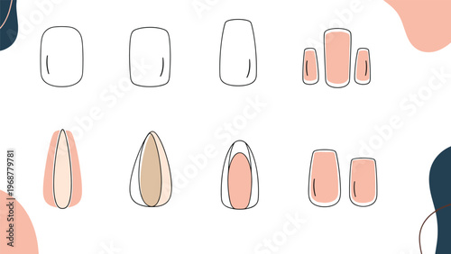 Diverse collection of fingernail shapes, lengths, and colors for manicures including almond, square, and oval.