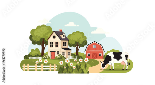 Peaceful farm landscape featuring a classic white farmhouse a red barn and a cow grazing in a flower meadow with trees.