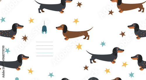 Playful seamless pattern with cute dachshund dogs and colorful stars on a white background for pet themed designs.