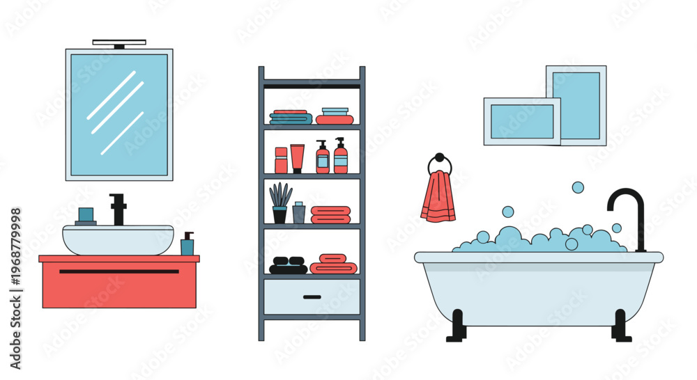 Fototapeta premium Set of flat vector illustrations for bathroom interior design including a sink vanity shelf with towels and a bathtub.