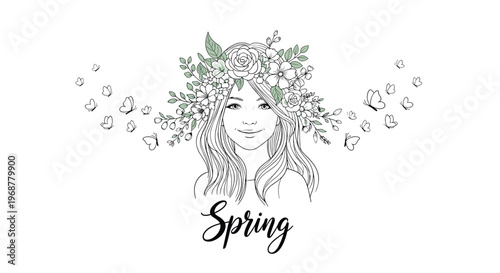 Illustration of a beautiful young woman with a flower crown in her hair and butterflies flying around for spring theme.