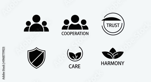 Business Icons: Teamwork, Trust, Care, Harmony, Shield, Cooperation
