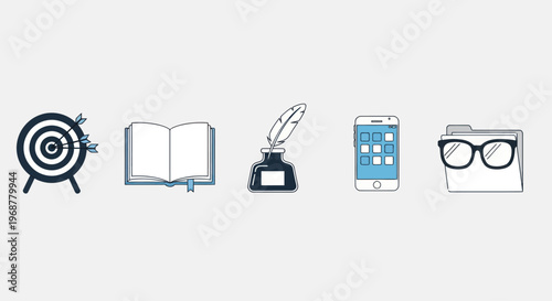 Business icons: goal, book, inkwell, smartphone, glasses