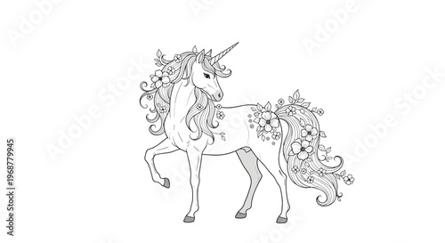 Detailed black and white line art illustration of a magical unicorn with flowers in its mane and tail for coloring page.