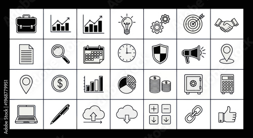 Business icons: finance, strategy, and technology vector set