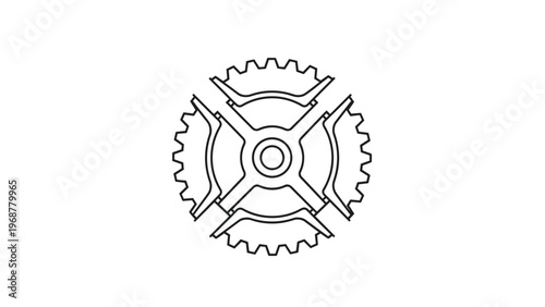 Intricate geometric design of a circular gear mechanism with internal teeth and four primary spokes for machinery.