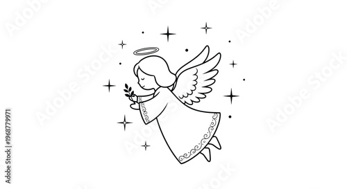 Simple and cute line art illustration of a small flying angel with wings and a halo holding a branch among the stars.