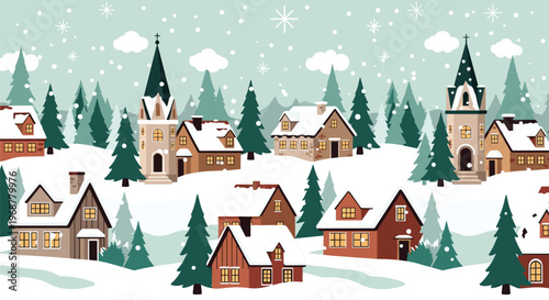 Horizontal winter landscape with a snowy village featuring small houses and church towers among pine trees in the snow.