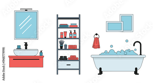 Set of flat vector illustrations for bathroom interior design including a sink vanity shelf with towels and a bathtub.