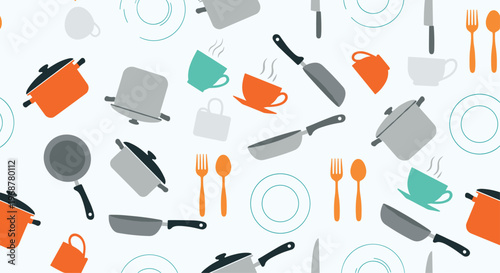 Seamless pattern featuring a variety of kitchen utensils and cookware including pots, pans, plates, forks, spoons, and coffee mugs.