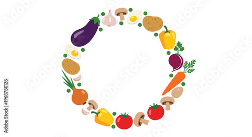 Circular frame design composed of various fresh vegetables like tomatoes, carrots, peppers, and eggs on a clean white background.