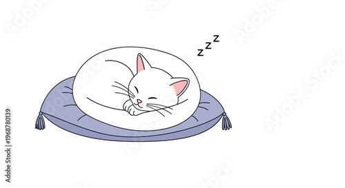 Adorable white cat sleeping peacefully while curled up on a soft blue tasseled pillow with zzz symbols indicating deep rest.