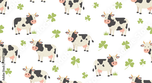 Seamless pattern showcasing many cute black and white spotted cows standing in a field of green clover leaves and grass.