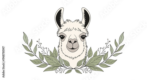 Portrait of a cute llama face centered between two symmetrical branches of green leaves on a clean white background.
