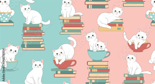Seamless pattern of playful white cats sitting on stacks of books and hidden inside large teacups on a split colored background.