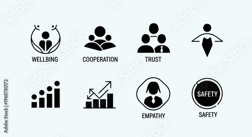 Business Icons: Wellbeing, Cooperation, Trust, Empathy, Safety, Growth