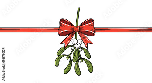 Festive branch of green mistletoe with white berries hanging from a long horizontal red ribbon tied in a decorative bow.