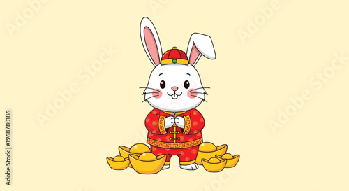 Cute white rabbit dressed in traditional chinese clothing with gold ingots for a prosperous lunar new year celebration.