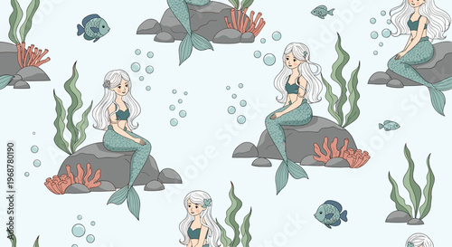 Seamless underwater pattern featuring beautiful mermaids sitting on rocks among colorful fish, seaweeds, and coral reefs.