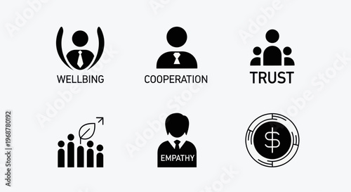 Business Icons: Wellbeing, Cooperation, Trust, Growth, Empathy, Finance