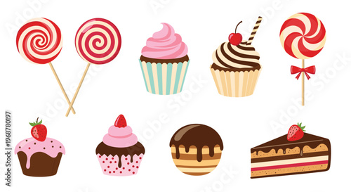 Assortment of sweet treats including colorful swirl lollipops, delicious cupcakes with frosting, and a slice of chocolate strawberry cake.