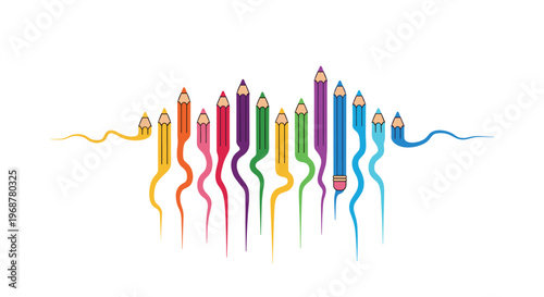 Artistic row of various colored pencils standing upright with long wavy paint like trails flowing from their tips.
