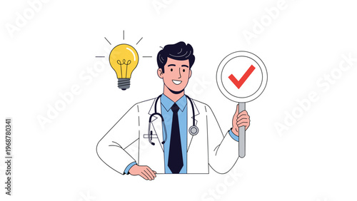 Male doctor in a white coat with a stethoscope holding a checkmark sign next to a glowing light bulb idea symbol.