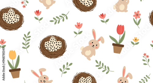 Delightful seamless Easter pattern featuring cute bunnies, bird nests with spotted eggs, tulips, and green leaves.