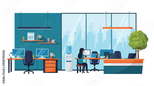 Modern open plan office interior illustration featuring desks computers workstations and people busy at their daily tasks.
