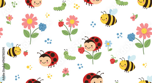 Cute seamless pattern for children featuring friendly bees, ladybugs, and caterpillars among colorful garden flowers and berries.