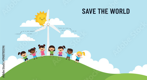 Group of happy children on a green hill with a wind turbine under a bright sun for the message of saving the world.
