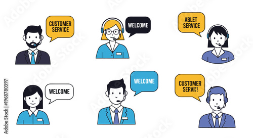 Set of six diverse male and female customer service operators wearing headsets with welcome and service speech bubbles.
