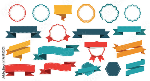 Large collection of colorful ribbons, labels, banners, and badges in various shapes and styles for web or print design elements.