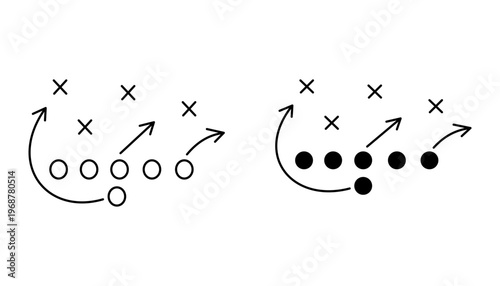 Football tactics Icon set. Soccer tactical game plan strategy diagram with arrows, Player positions and movement paths, Football coaching playbook vector illustration.