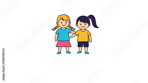 Cute cartoon illustration of two young girls, one with blonde braids and one with purple hair, standing together as best friends.