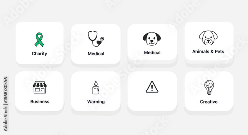 Collection of diverse icons representing charity, medical, business, warning, and creativity